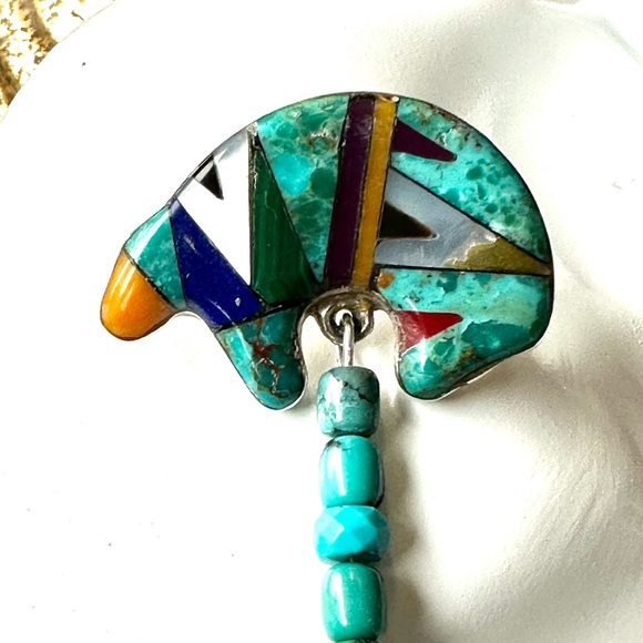 Gorgeous bear inlay sterling silver Native American turquoise sugilite earrings - Picture 6 of 12